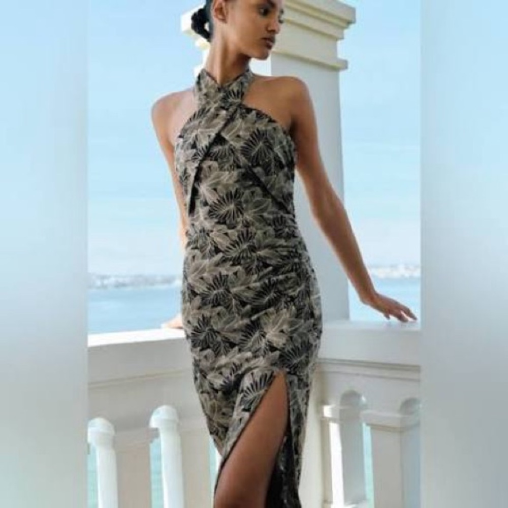 Zara Embroidered Leaf Midi Halter Dress